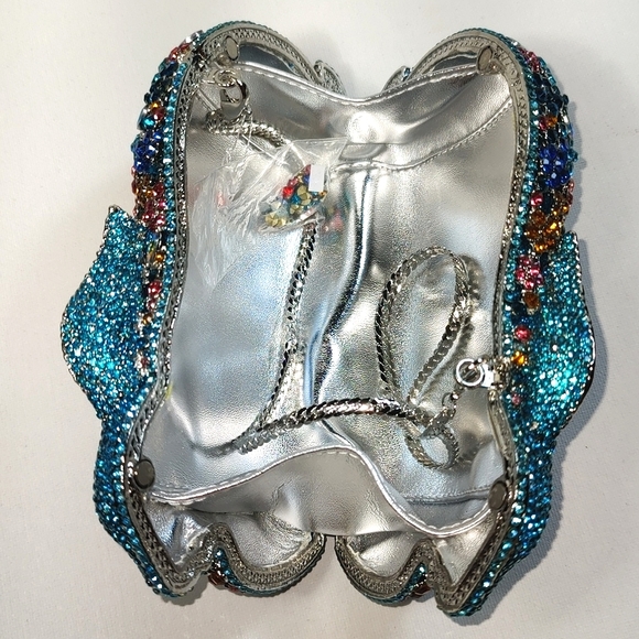 New In Box Blue Colorful Crystals Floral Rabbit Evening Clutch Purse - Picture 4 of 17